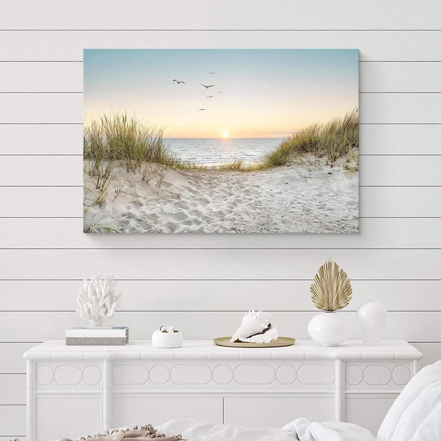 SD SOFT DANCE Coastal Wall Art Canvas Picture: Modern Beach Sunset Landscape Print Decor Horizontal Ocean Scene Sea Painting Seascape Seaside Seashore Artwork for Living Room Bedroom Home