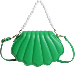 Seashell Shape Purse, Green PU Leather Crossbody Shoulder Bag Pearl Chain Clutch Mermaid Dress Up Zipper Coin Pouch Handbag