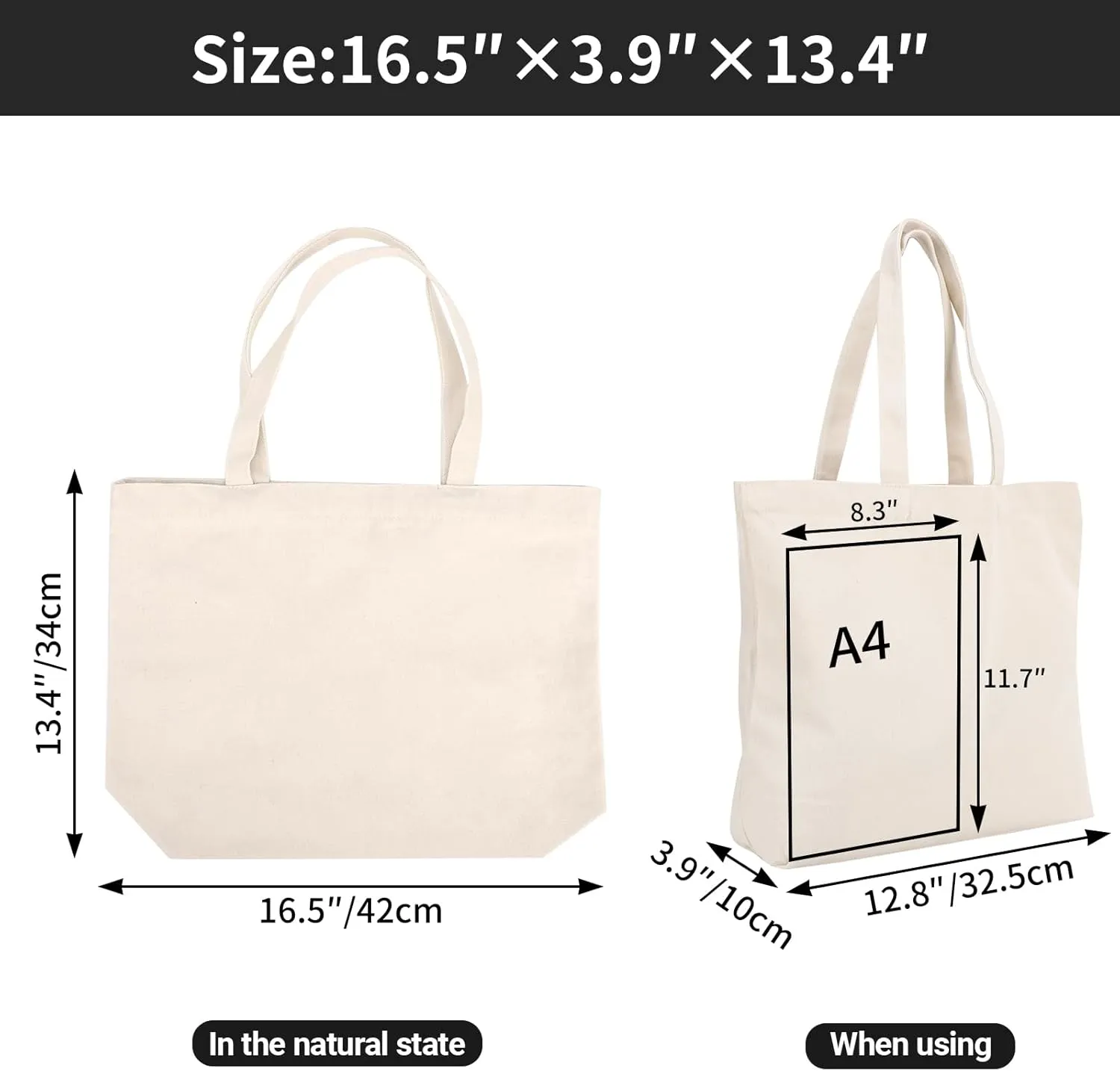 Segarty Canvas Tote Bags, 3PCS 16.5x13in Large Heavy Duty Blank Canvas Bag to Decorate, Bulk Reusable Grocery Shopping Shoulder Bags Bookbag with Bottom Gusset for DIY Crafts Paint, Decoration