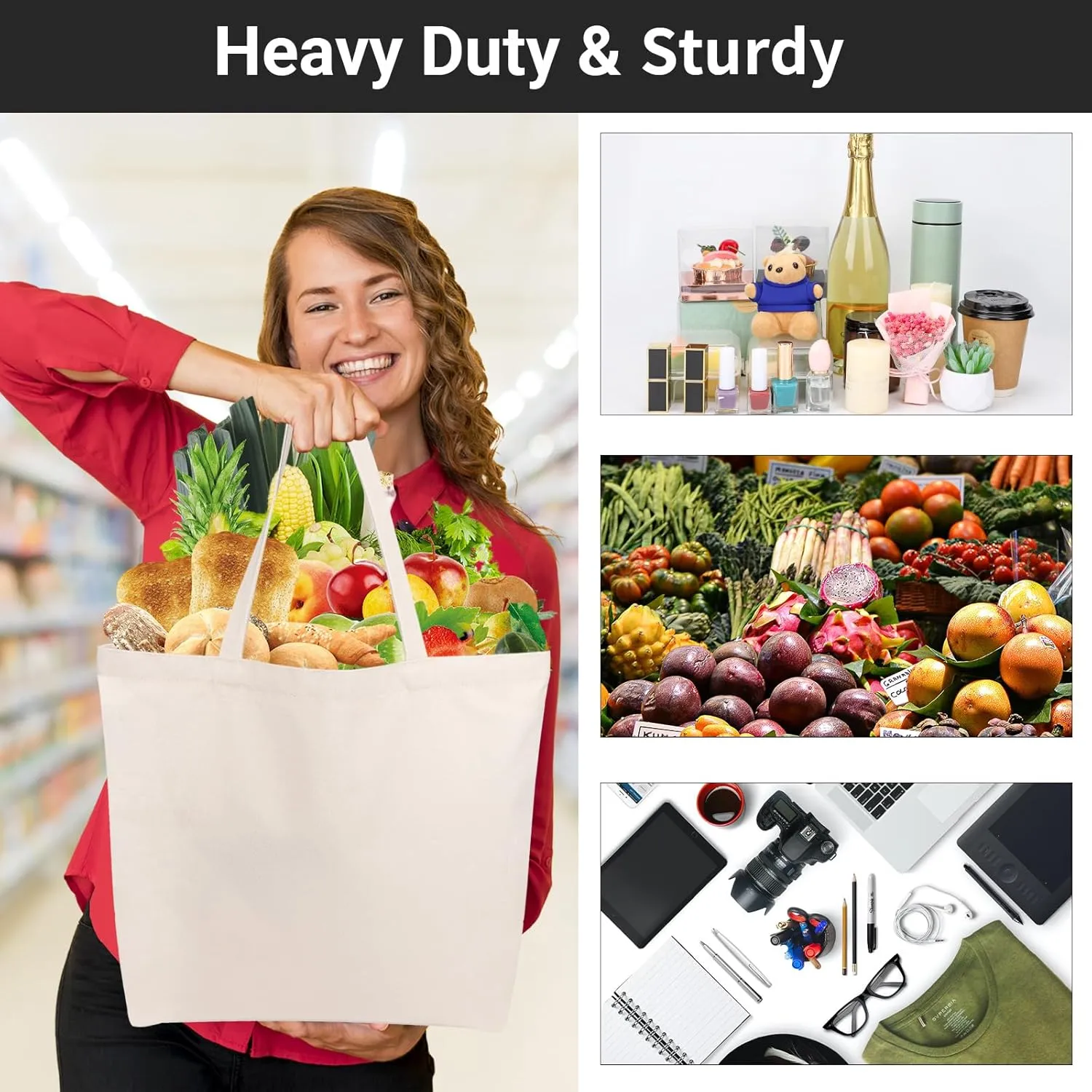 Segarty Canvas Tote Bags, 3PCS 16.5x13in Large Heavy Duty Blank Canvas Bag to Decorate, Bulk Reusable Grocery Shopping Shoulder Bags Bookbag with Bottom Gusset for DIY Crafts Paint, Decoration