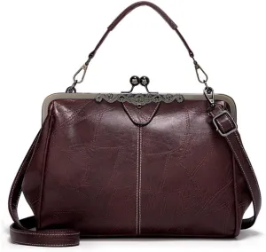 Segater® Women Retro Hollow Oil Wax PU Leather Handbag Kiss Lock Crossbody Purse Vintage Messenger Bag Tote