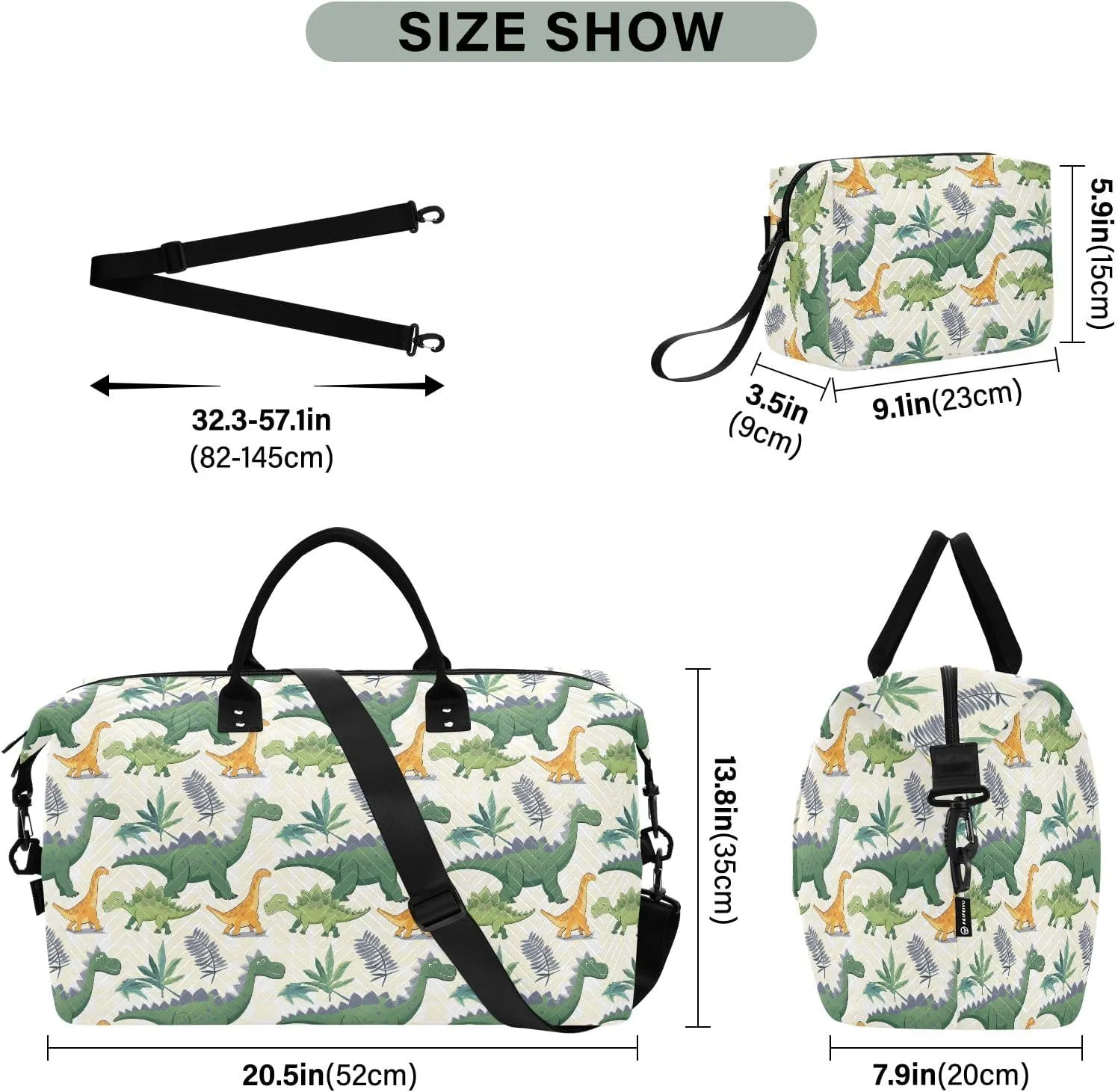 senya Weekender Bags Travel Duffel Gym Bag Green Dinosaurs Carry on Overnight Tote Bag with Toiletry Bag for Airplane Travel Trip Gym Yoga, g368733851p1006c1071s2442