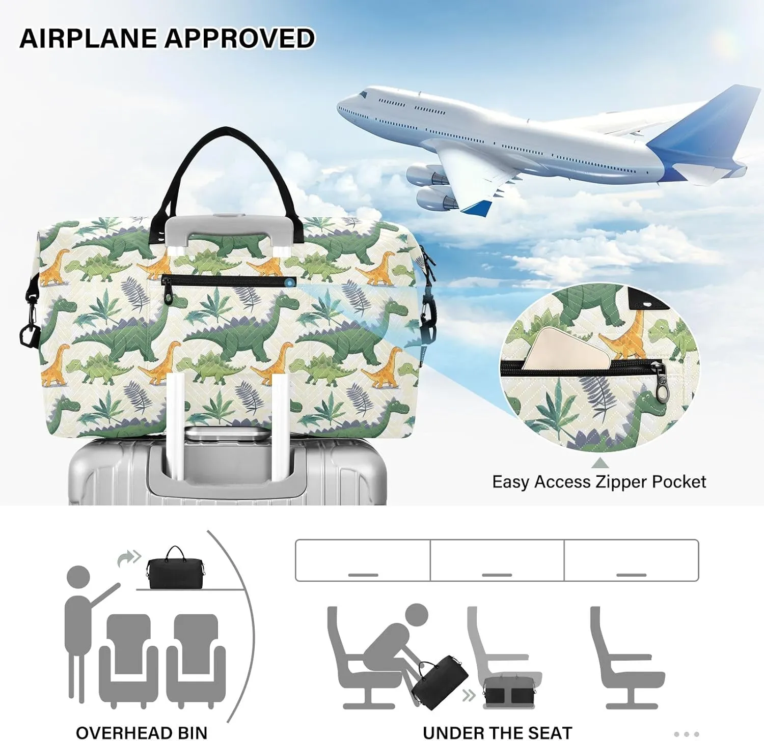 senya Weekender Bags Travel Duffel Gym Bag Green Dinosaurs Carry on Overnight Tote Bag with Toiletry Bag for Airplane Travel Trip Gym Yoga, g368733851p1006c1071s2442