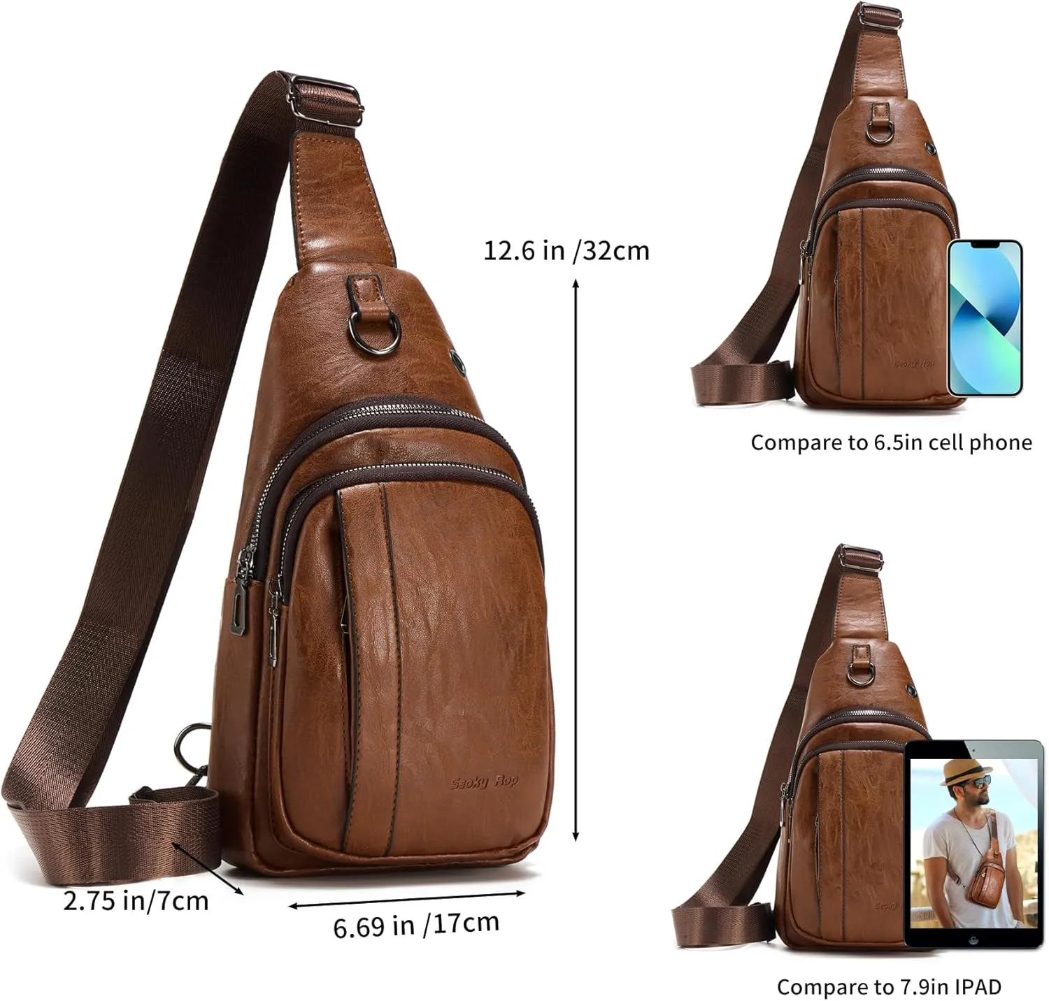 Seoky Rop Sling Backpack for Men Sling Bag Crossbody Shoulder Bags Travel Bag Purse with Water Resistant Light Brown