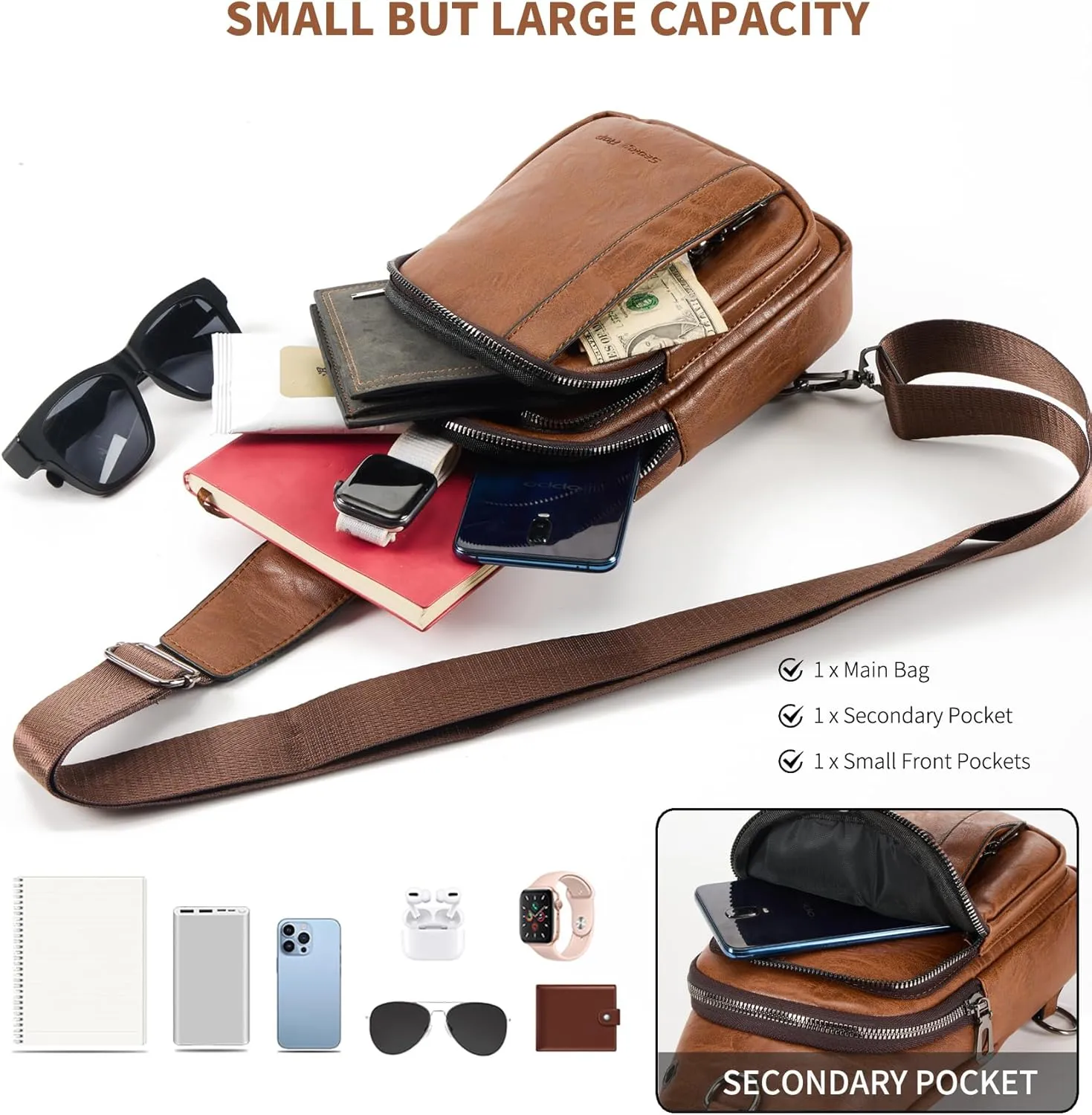 Seoky Rop Sling Backpack for Men Sling Bag Crossbody Shoulder Bags Travel Bag Purse with Water Resistant Light Brown