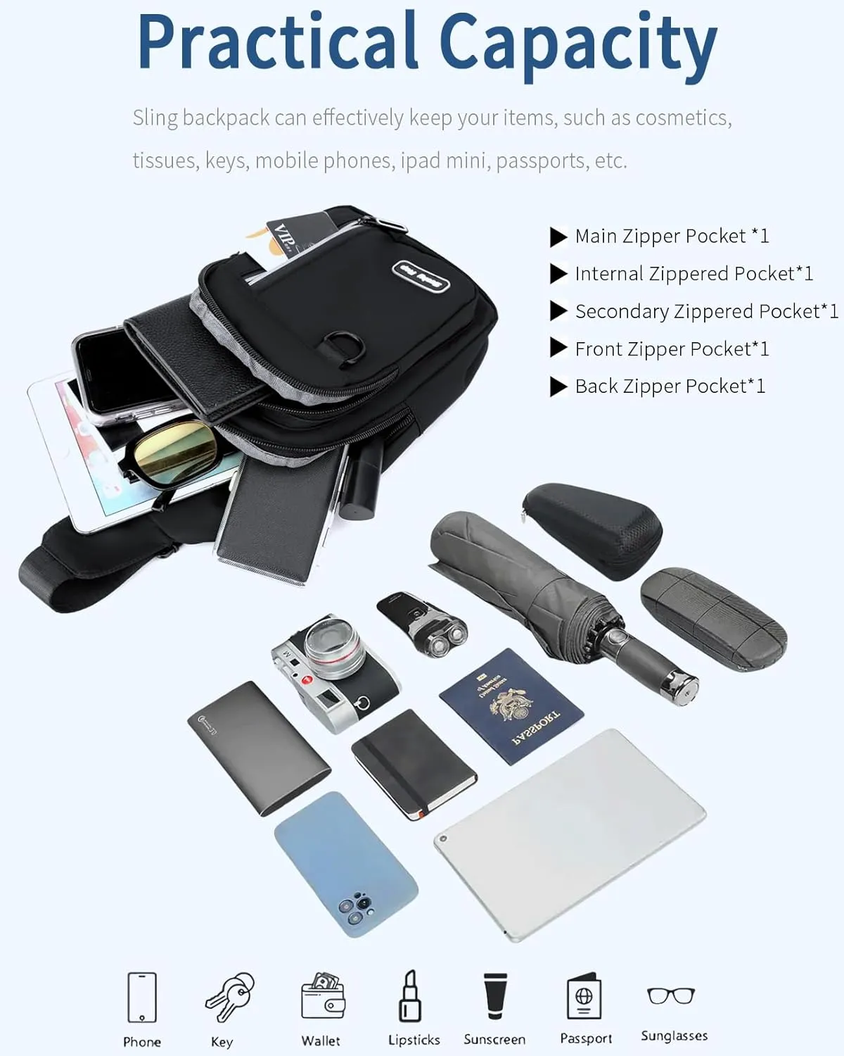 Seoky Rop Sling Bag for Women Men One Shoulder Crossbody Bag Backpack Fanny Pack Cross Body Bags for Travel Day Trip Black