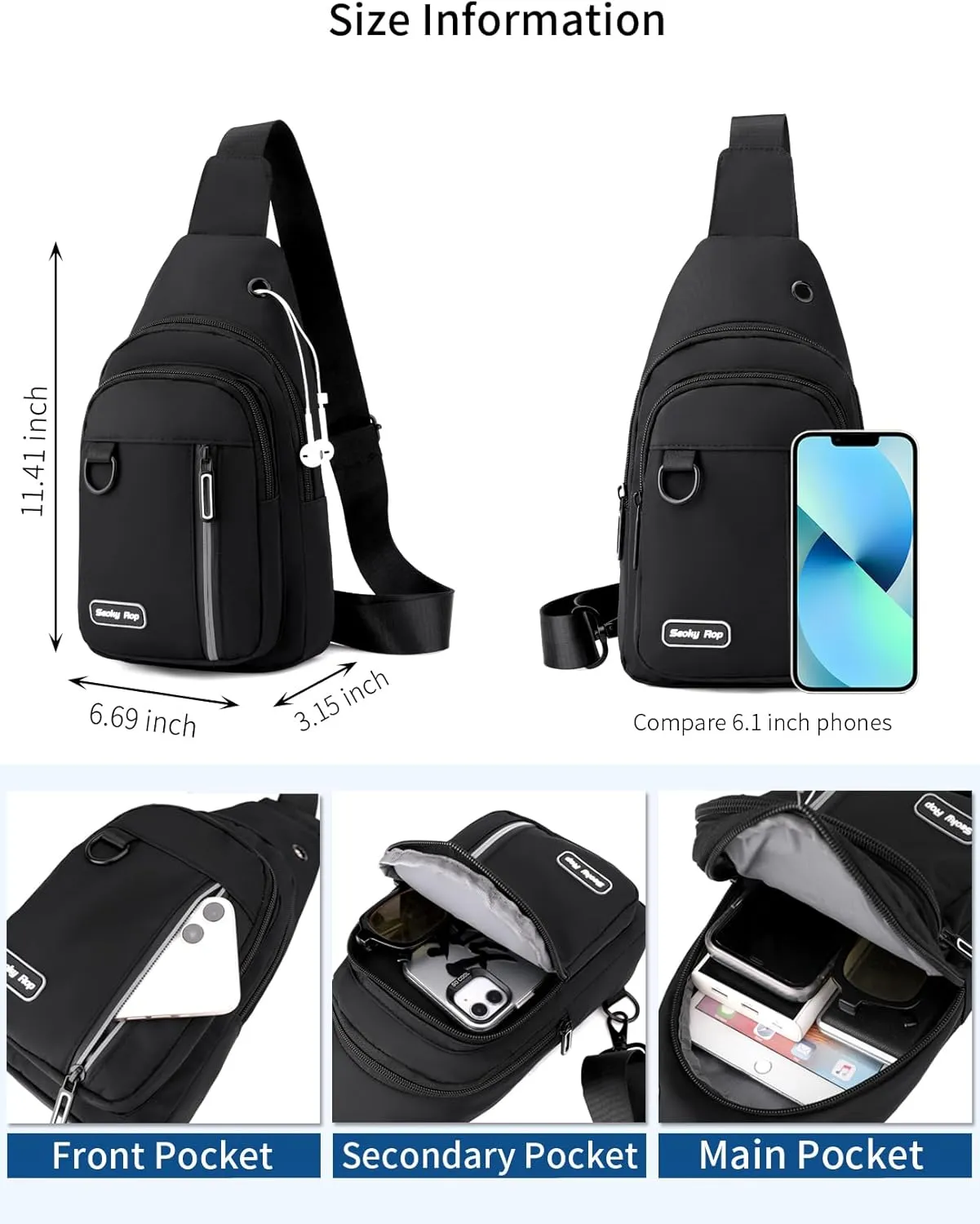 Seoky Rop Sling Bag for Women Men One Shoulder Crossbody Bag Backpack Fanny Pack Cross Body Bags for Travel Day Trip Black