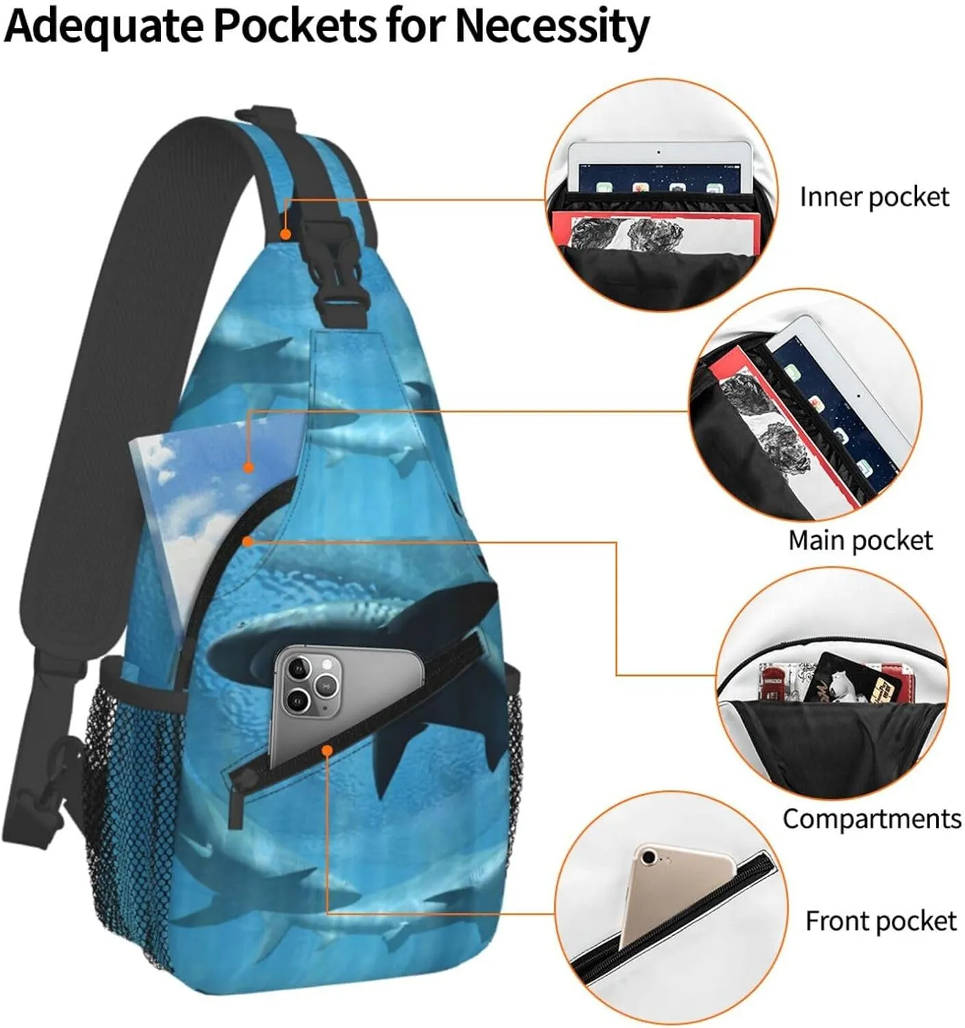 Sharks Circling Sharks Chest Sling Bag Crossbody Shoulder Backpack Bag Gym Cycling Travel Hiking Daypack Cross Bag