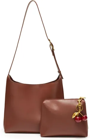 Shoulder Bag Bucket Bags for Women Vegan Leather Handbags Purses Adjustable Strap with Cherry Keychain and Cosmetic Pouch