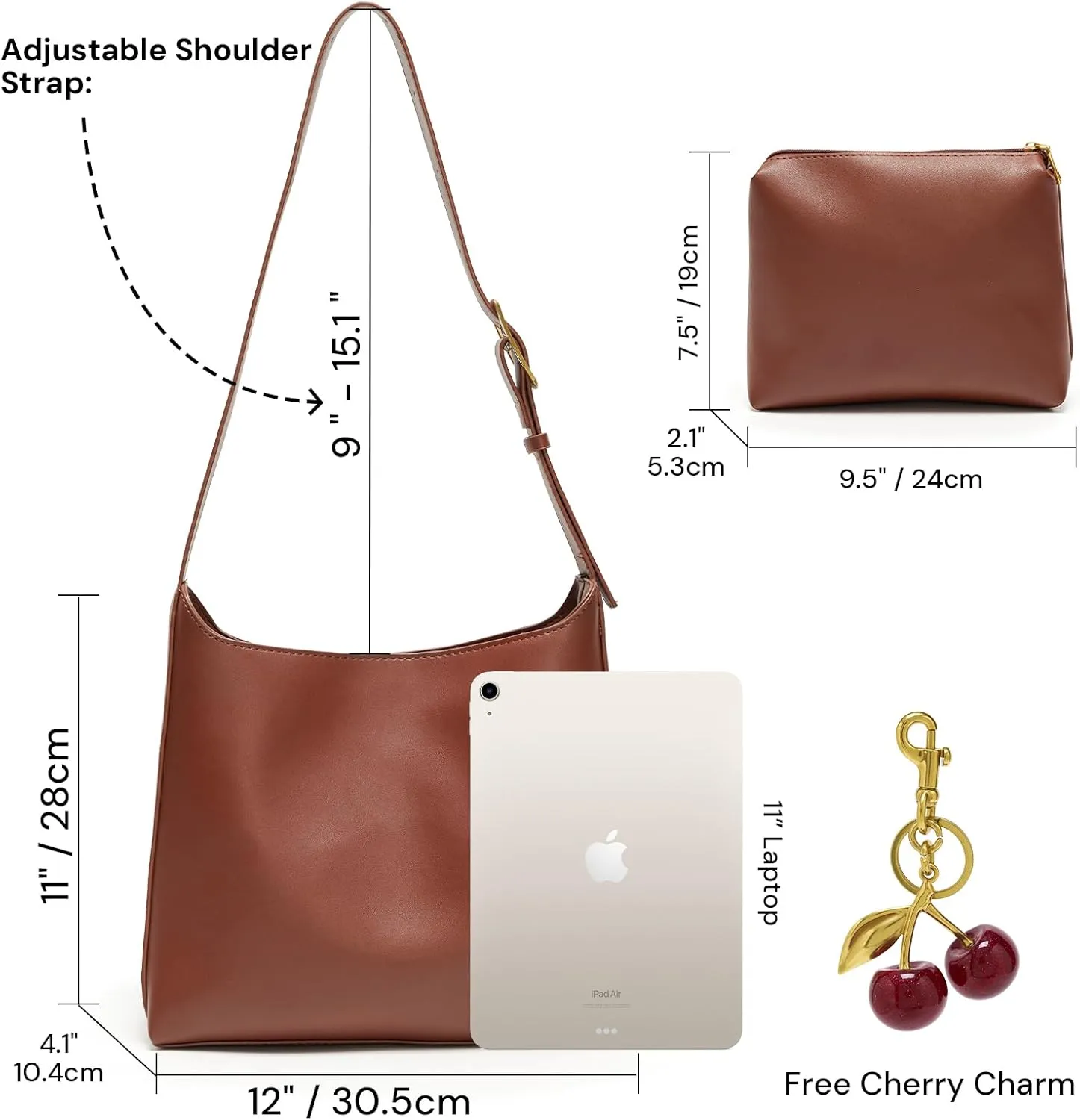 Shoulder Bag Bucket Bags for Women Vegan Leather Handbags Purses Adjustable Strap with Cherry Keychain and Cosmetic Pouch
