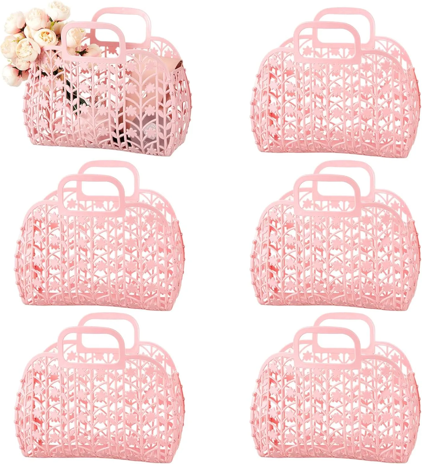 Silkfly 6 Pcs Jelly Tote Bags for Women Wedding Jelly Gifts Tote Bags Plastic Beach Basket for Wedding Girl Bridesmaid (Pink,stylish)