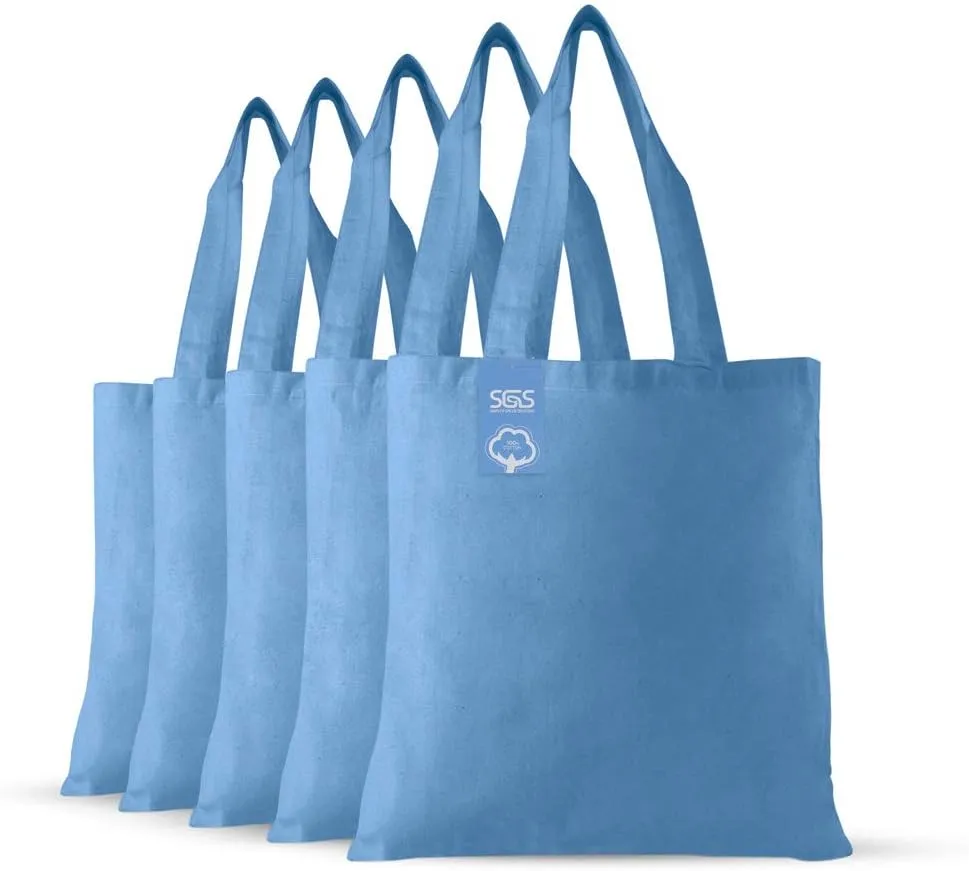 Simply Green Solutions Reusable Cotton Cloth Grocery Craft Bag, 15 x 16 Reusable Tote with Handle, Pack of 5, Carolina Blue