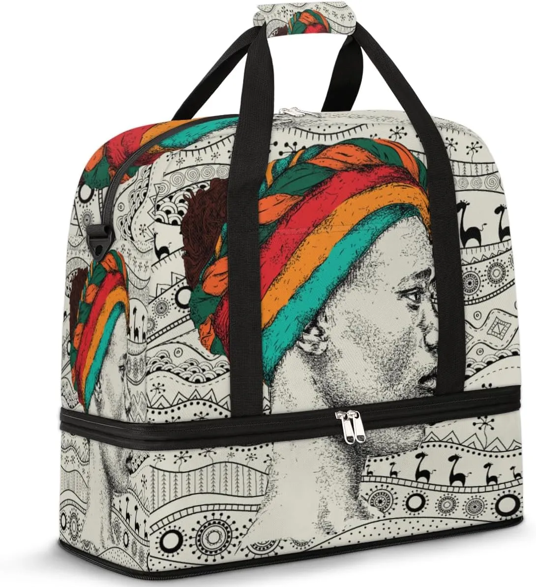 Sketch African Woman Travel Duffle Bag, Large Sports Gym Bag with Shoe Compartment, Carry on Tote Bag, Foldable Weekender Overnight Bag for Women Men