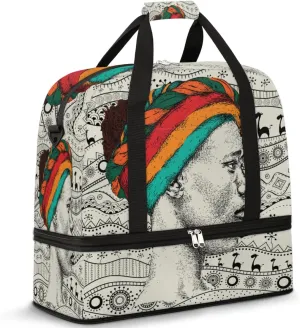 Sketch African Woman Travel Duffle Bag, Large Sports Gym Bag with Shoe Compartment, Carry on Tote Bag, Foldable Weekender Overnight Bag for Women Men