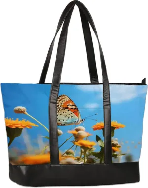 Sky Flower Butterfly Laptop Tote Bag for Women Lightweight Work Purse with Multiple Compartments Fits 13-15.6 Inch Laptop Tablet Shoulder Bag for Office Travel Daily Use