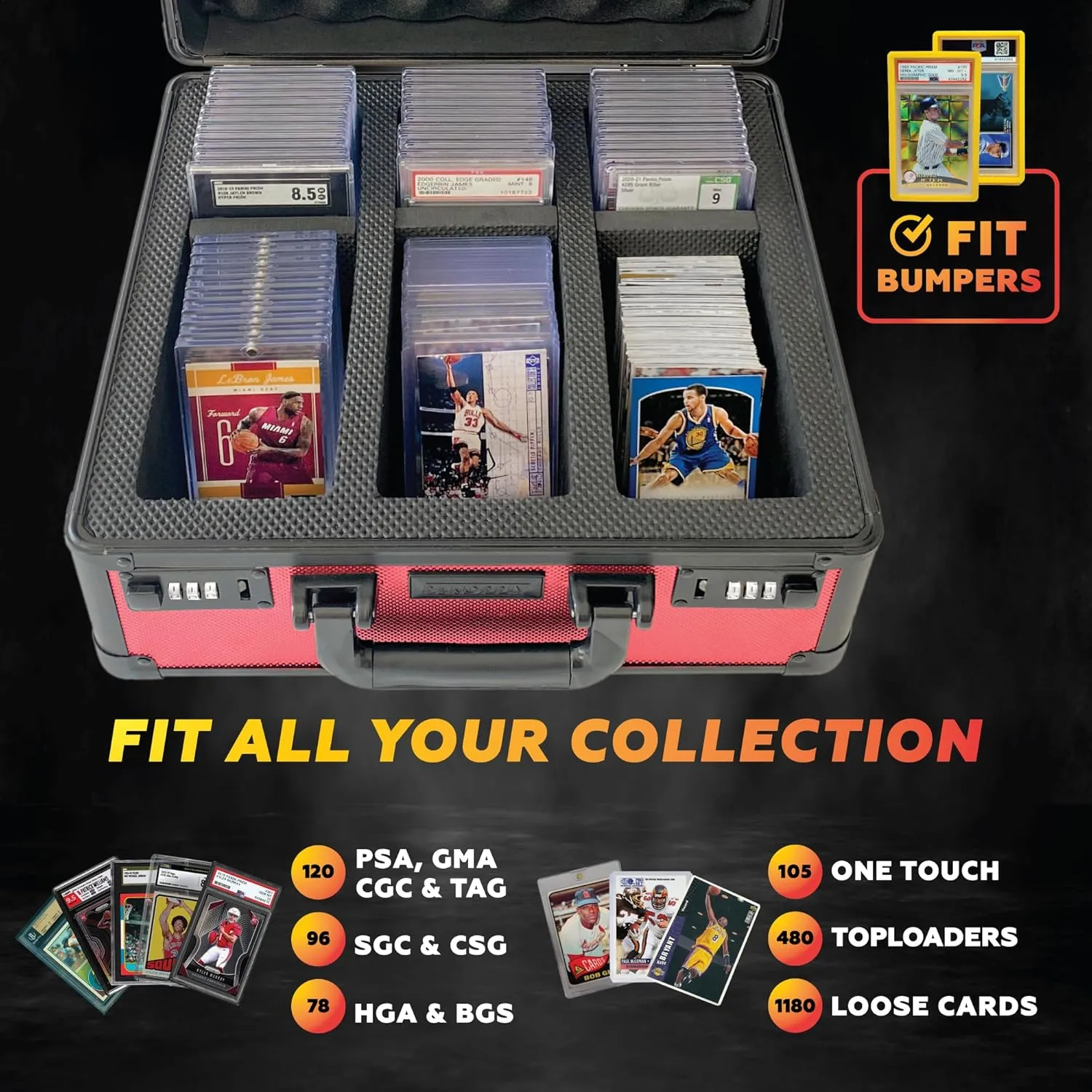 SLAB ARMOR FUSION 120  3 Row Psa Graded Card Storage Box Graded Card Case Psa Slab Case for Graded Cards Psa Card Case Baseball Card Cases for Sports Cards Storage (RED)