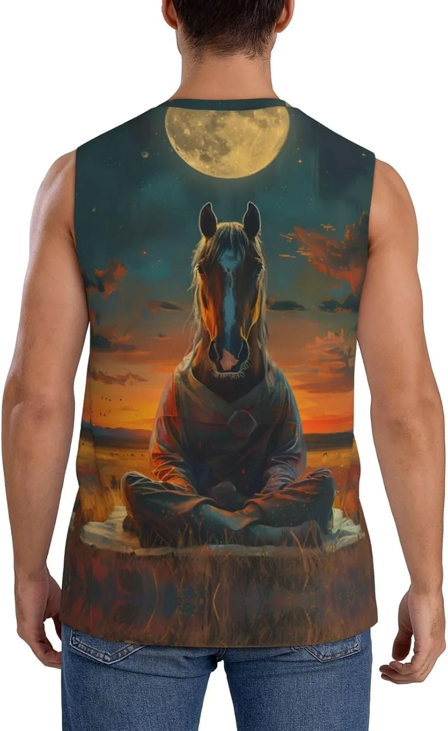 Sleeveless Shirts for Men - Sunset Prairie Meditating Horse Graphic Tank Tops Men, Running Workout Gym Tank Tops for Men