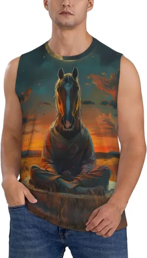 Sleeveless Shirts for Men - Sunset Prairie Meditating Horse Graphic Tank Tops Men, Running Workout Gym Tank Tops for Men