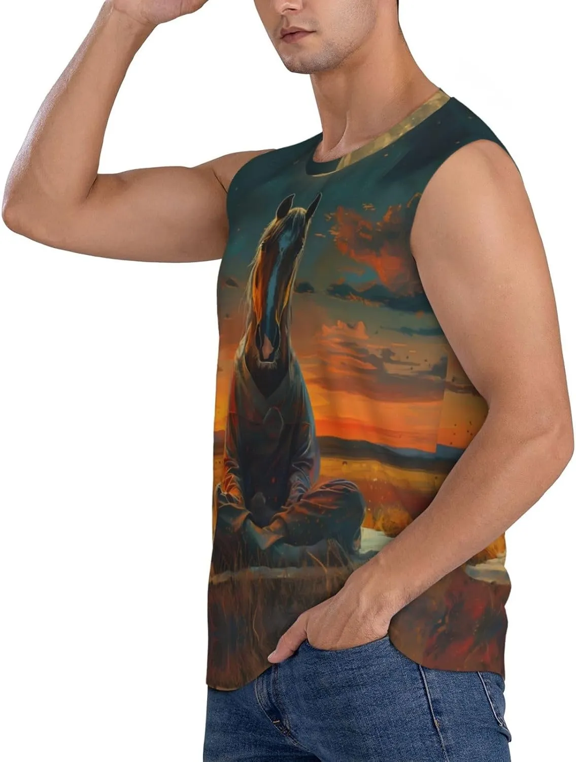 Sleeveless Shirts for Men - Sunset Prairie Meditating Horse Graphic Tank Tops Men, Running Workout Gym Tank Tops for Men