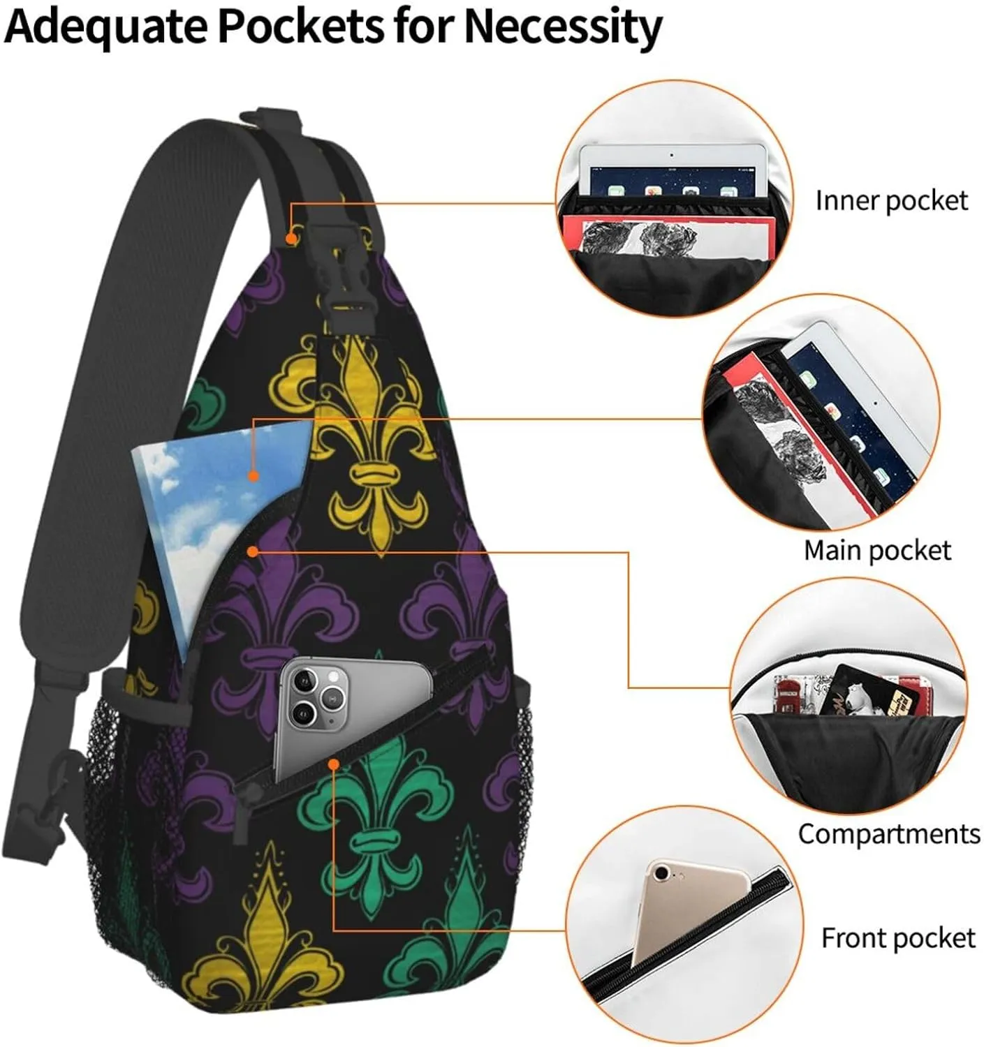 Sling Backpack Bag For Men 3d Fleur De Lis Mardi Gras Cross Chest Bag Crossbody Shoulder Bag Travel Hiking Daypack
