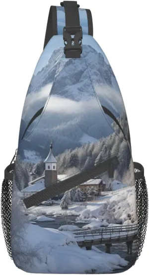 Sling Backpack Bag Winter Landscape In The Bavarian Alps Print Crossbody Chest Bag Adjustable Shoulder Bag Travel Hiking Daypack Unisex