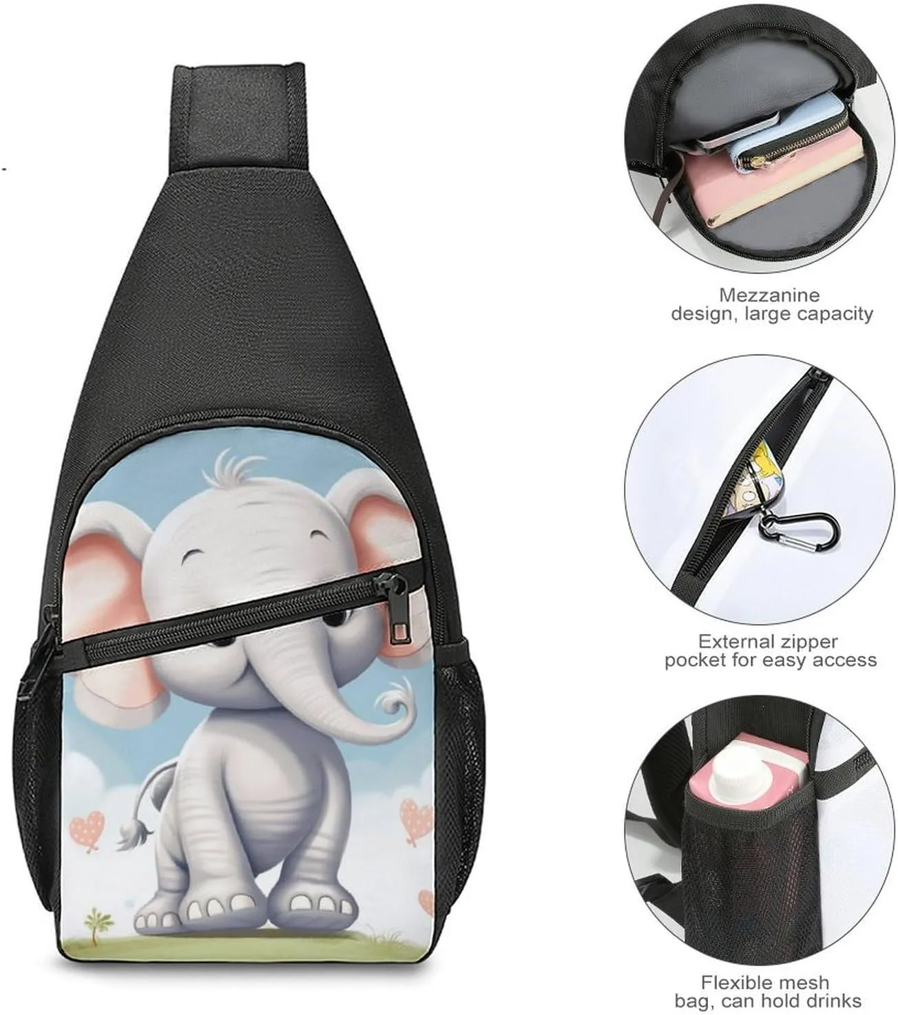 Sling Backpack for Women Men Crossbody Chest Bag Travel Cute Elephant Daypack Shoulder Bag for Hiking