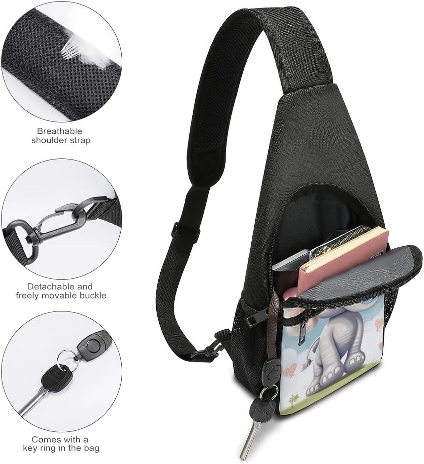 Sling Backpack for Women Men Crossbody Chest Bag Travel Cute Elephant Daypack Shoulder Bag for Hiking
