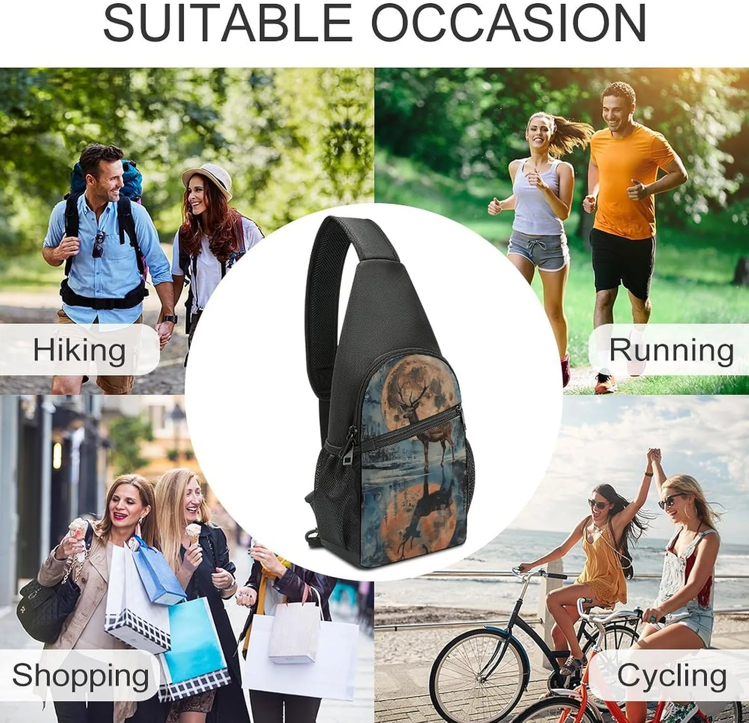 Sling Backpack for Women Men Crossbody Chest Bag Travel Deer And Moon Daypack Shoulder Bag for Hiking