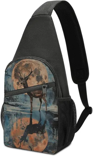 Sling Backpack for Women Men Crossbody Chest Bag Travel Deer And Moon Daypack Shoulder Bag for Hiking