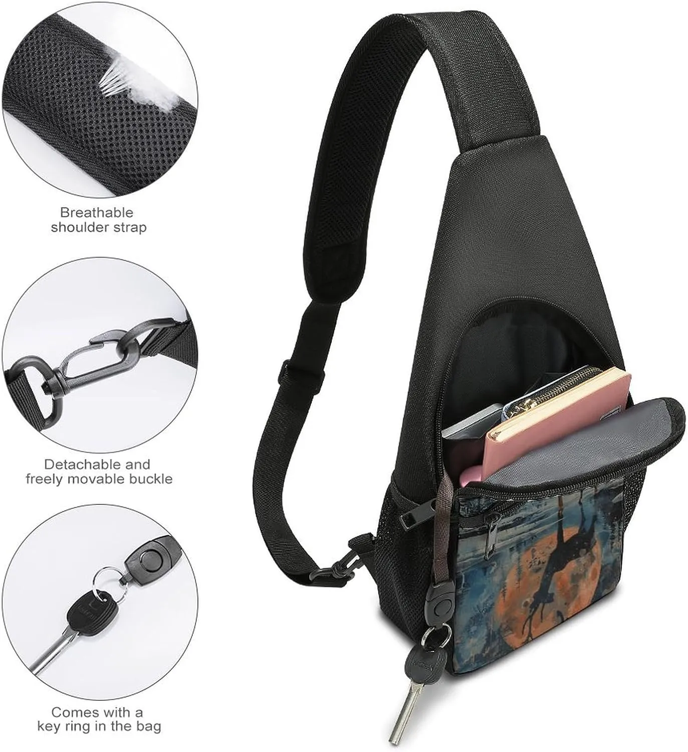 Sling Backpack for Women Men Crossbody Chest Bag Travel Deer And Moon Daypack Shoulder Bag for Hiking