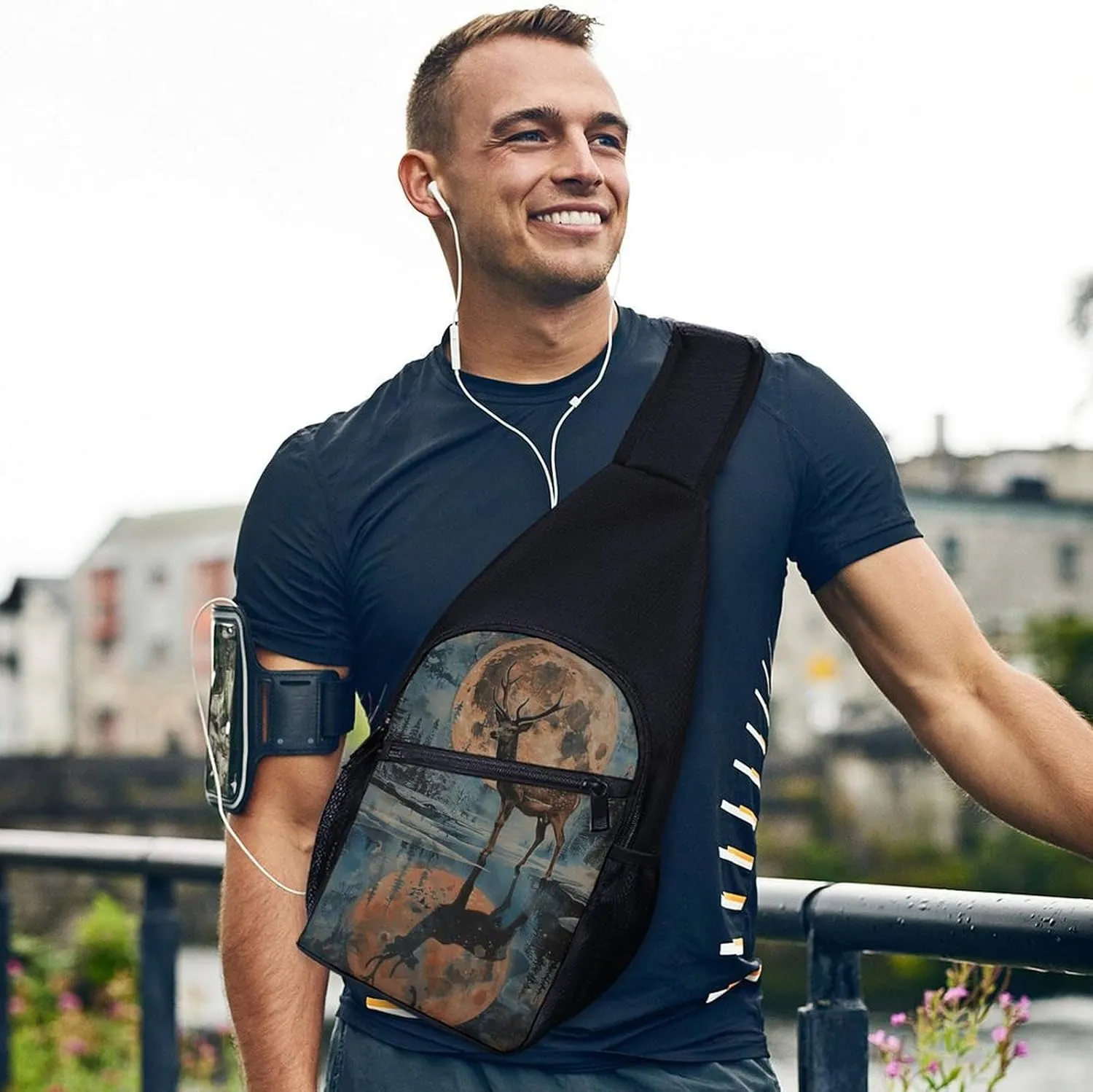Sling Backpack for Women Men Crossbody Chest Bag Travel Deer And Moon Daypack Shoulder Bag for Hiking