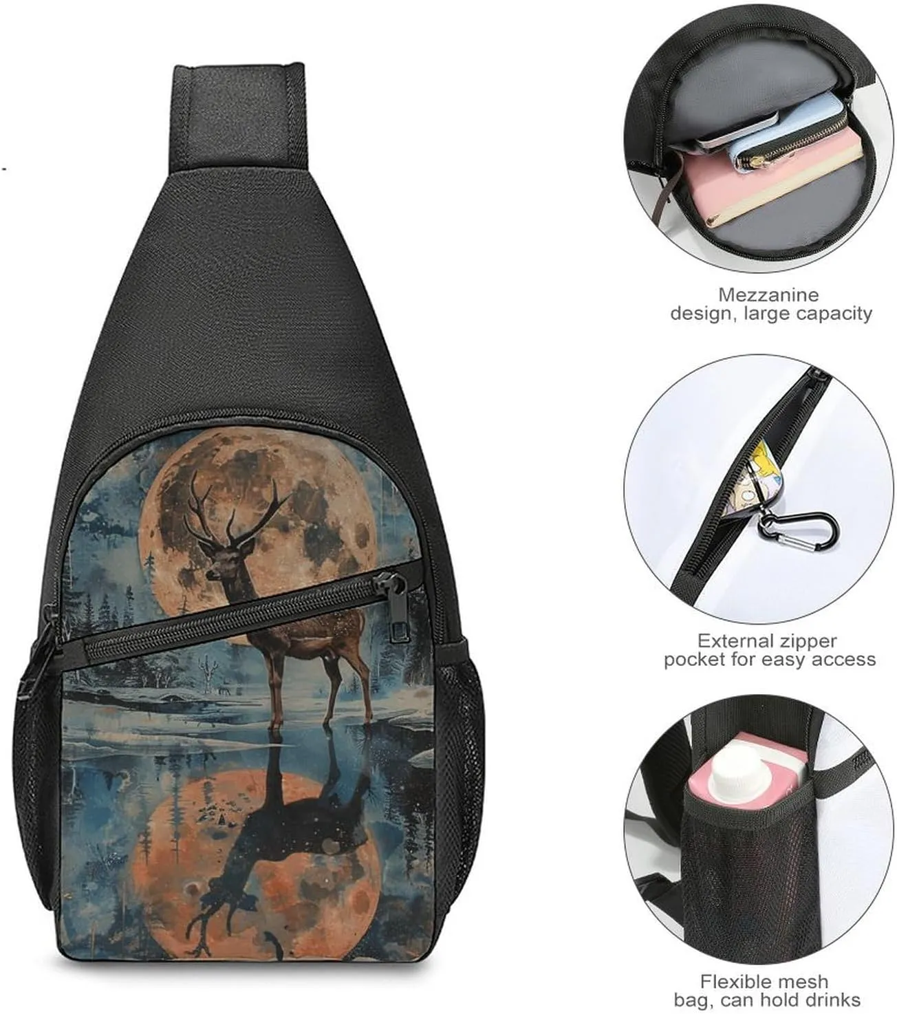 Sling Backpack for Women Men Crossbody Chest Bag Travel Deer And Moon Daypack Shoulder Bag for Hiking