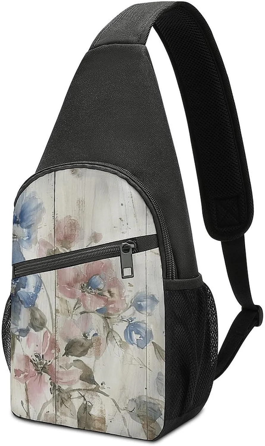 Sling Backpack for Women Men Crossbody Chest Bag Travel Peach Blue Flowers Daypack Shoulder Bag for Hiking