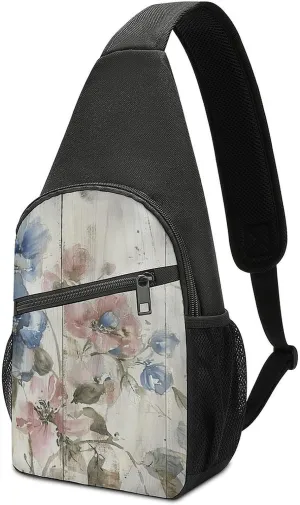 Sling Backpack for Women Men Crossbody Chest Bag Travel Peach Blue Flowers Daypack Shoulder Bag for Hiking