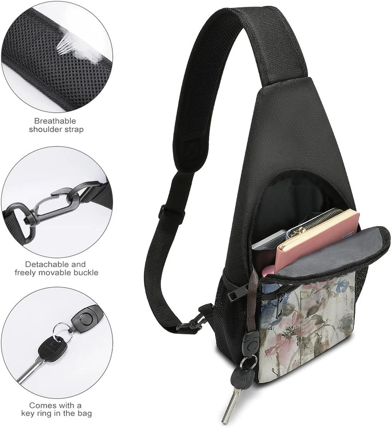 Sling Backpack for Women Men Crossbody Chest Bag Travel Peach Blue Flowers Daypack Shoulder Bag for Hiking