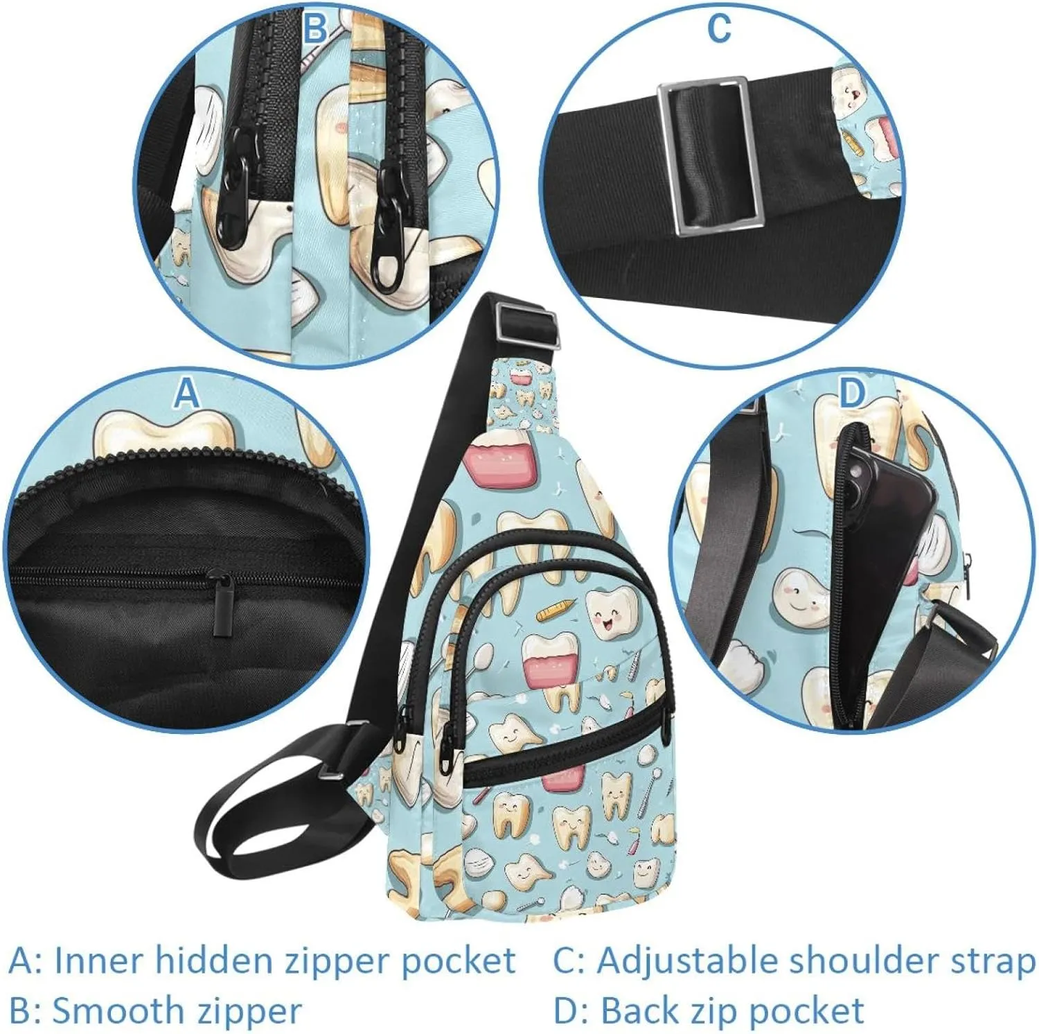 Sling Bag Backpack Crossbody Chest Bag Daypack for Hiking Travel(Cute Teeth)