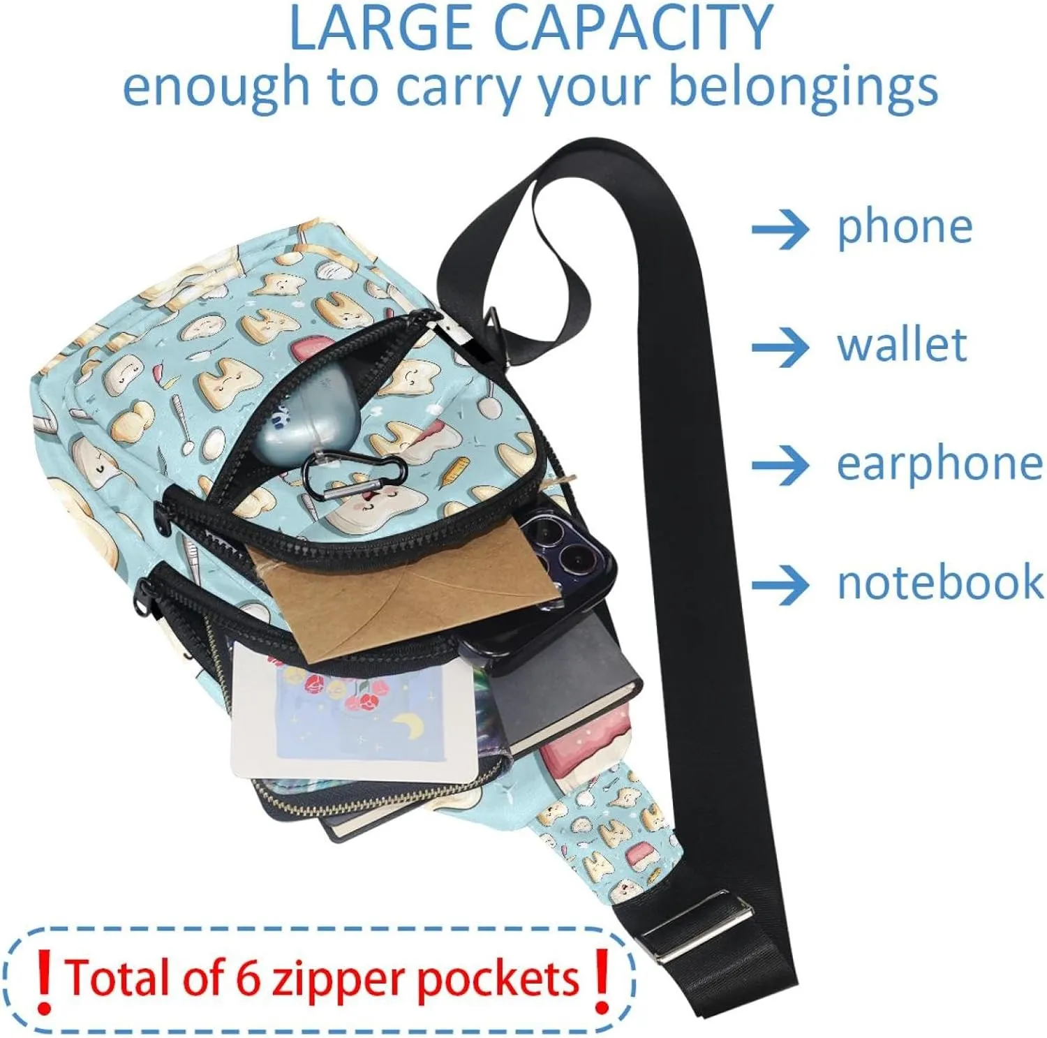 Sling Bag Backpack Crossbody Chest Bag Daypack for Hiking Travel(Cute Teeth)
