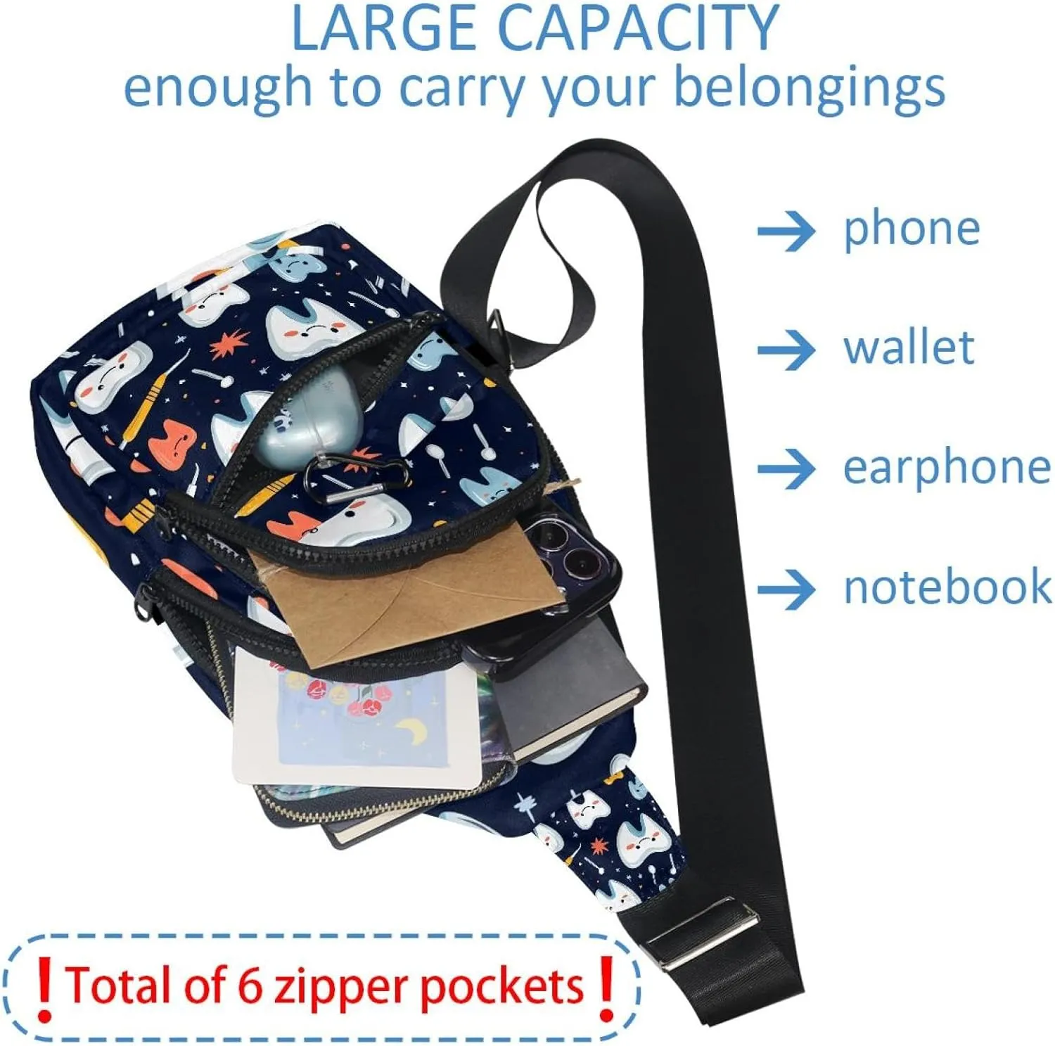 Sling Bag Backpack Crossbody Chest Bag Daypack for Hiking Travel(Cute Teeth)