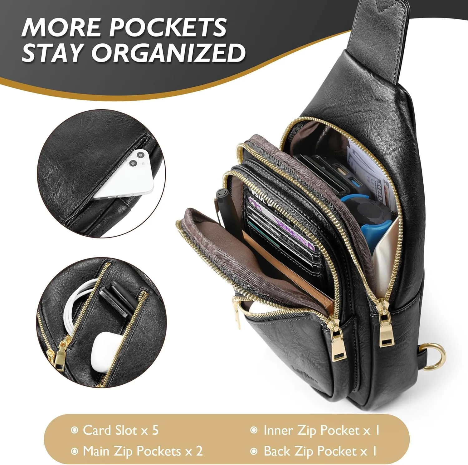 Sling Bag Chest Pack Gifts for Women PU Leather Small Crossbody Bags Fashion Purses with Adjustable Guitar Strap