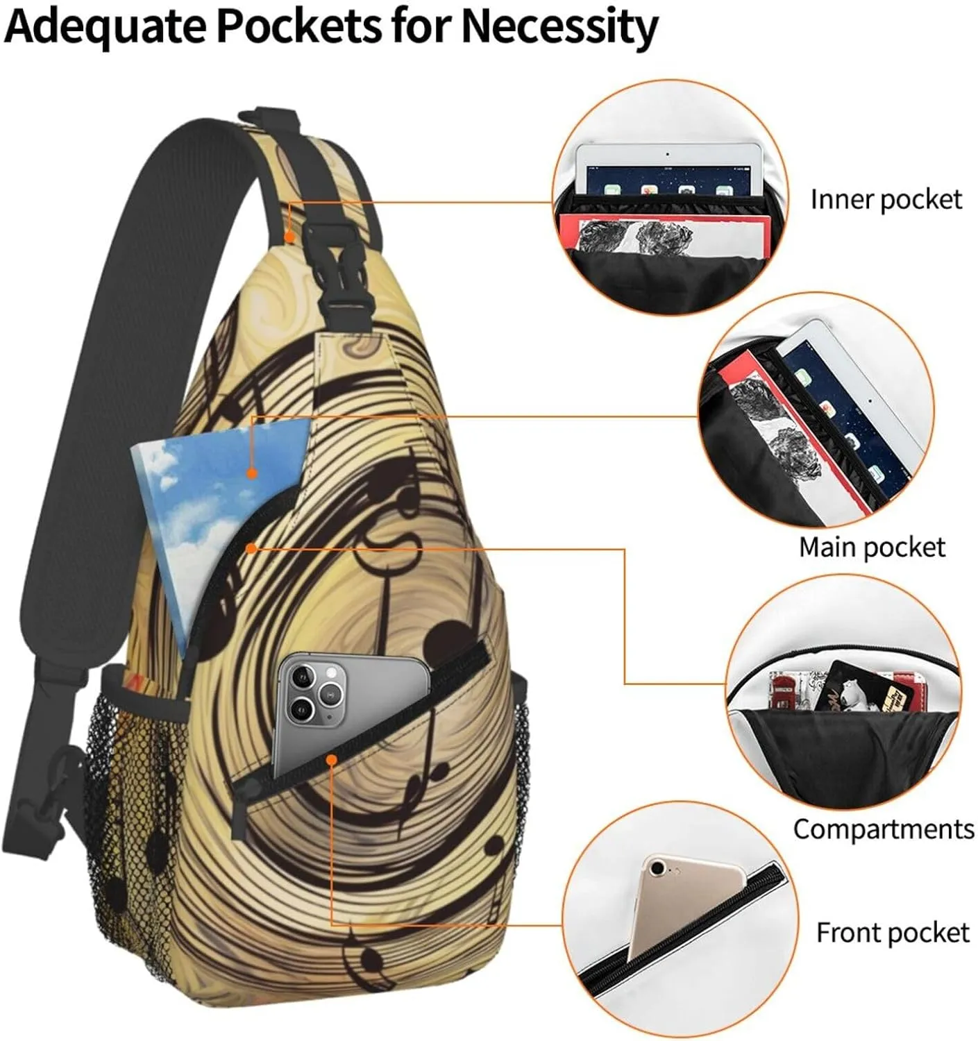 Sling Bag Crossbody Backpack for Men Women Muisc Note Chest Bag Crossbody Bag for Travel Sport Running