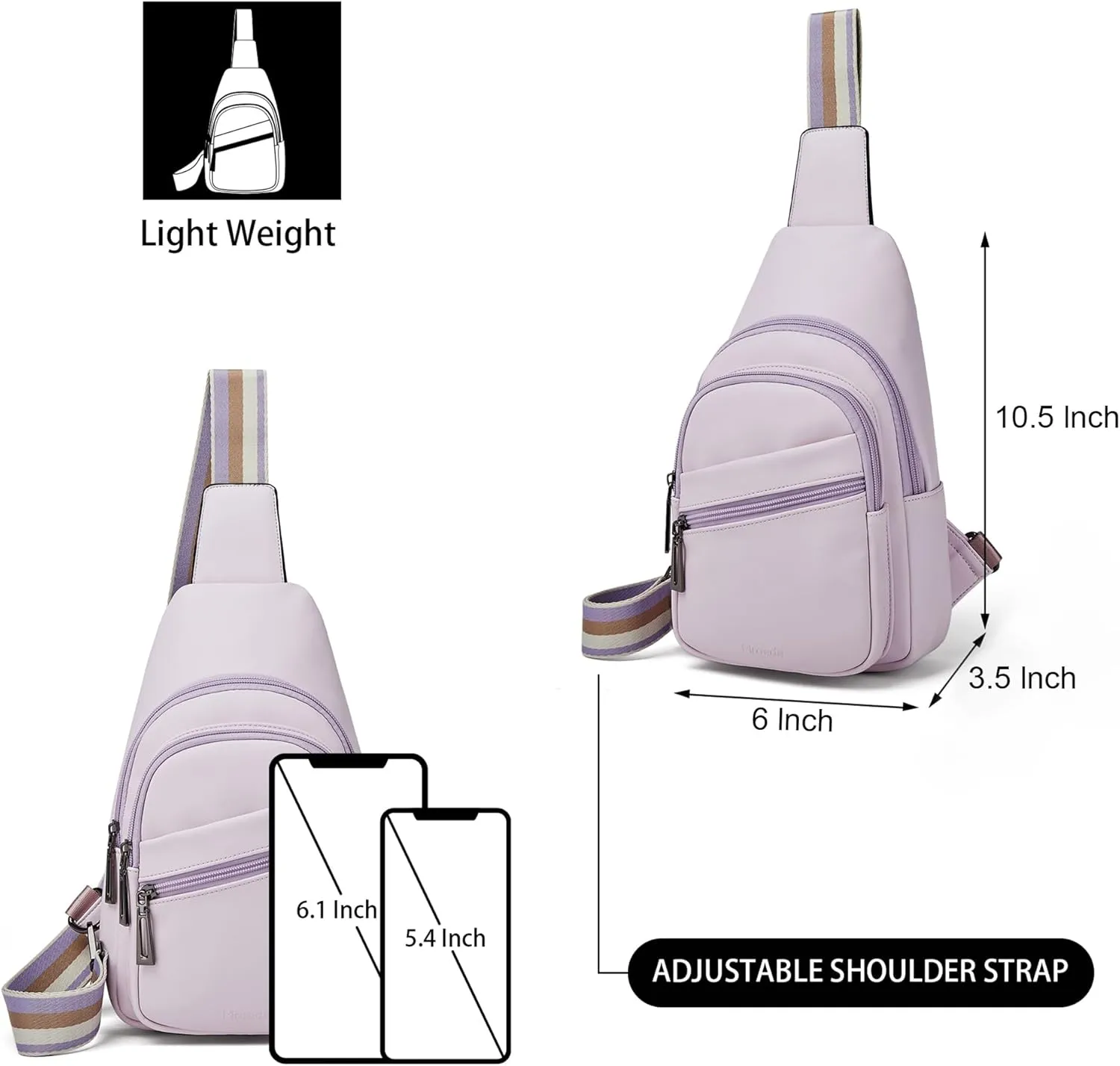 Sling Bag Crossbody Bags for Women for Travel, 3.5 x 10.5 x 6"(L x H x W),Adjustable Straps 22.5 to 44 inch