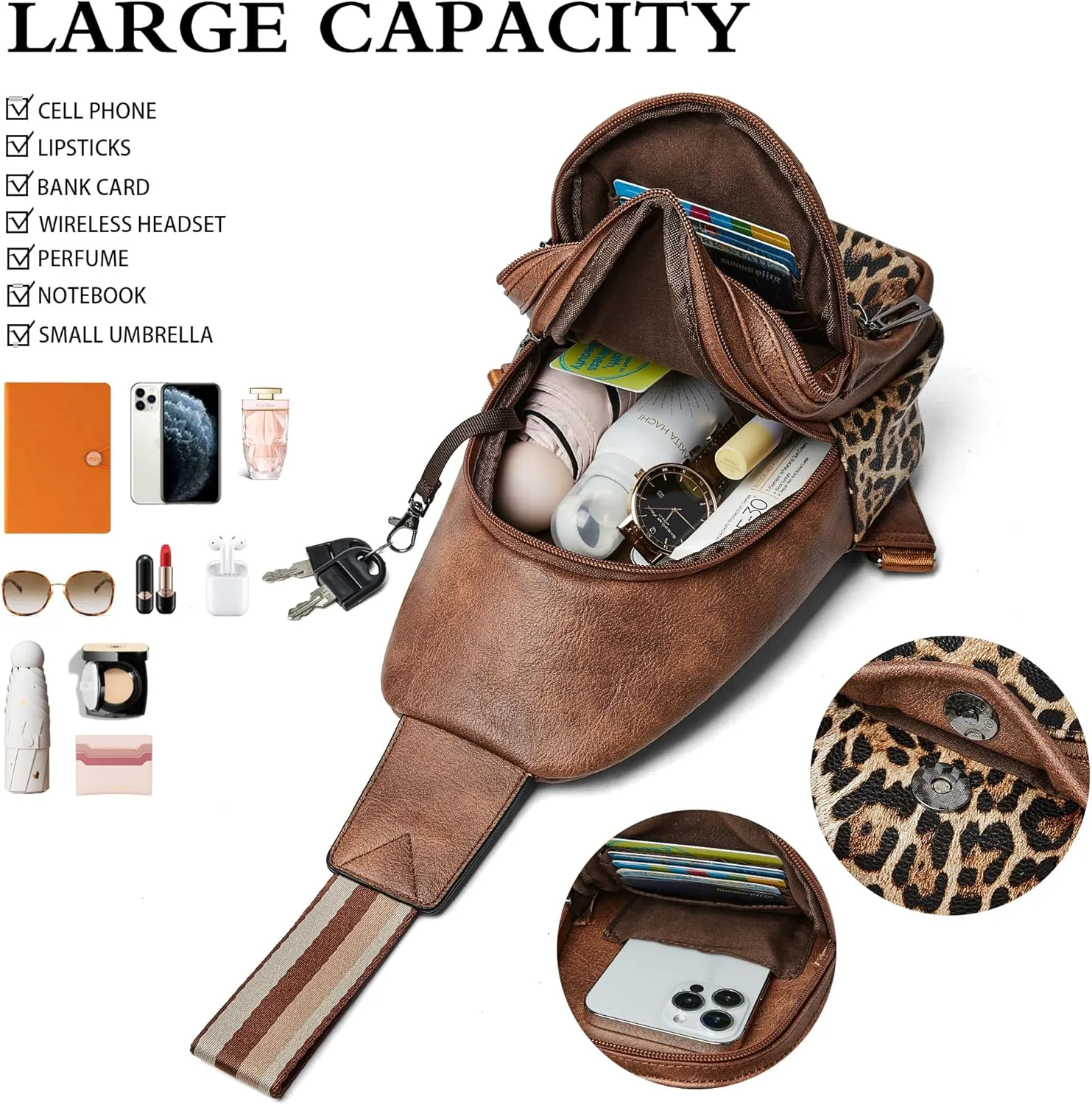 Sling Bag Crossbody Bags for Women for Travel, 3.5 x 10.5 x 6"(L x H x W),Adjustable Straps 22.5 to 44 inch
