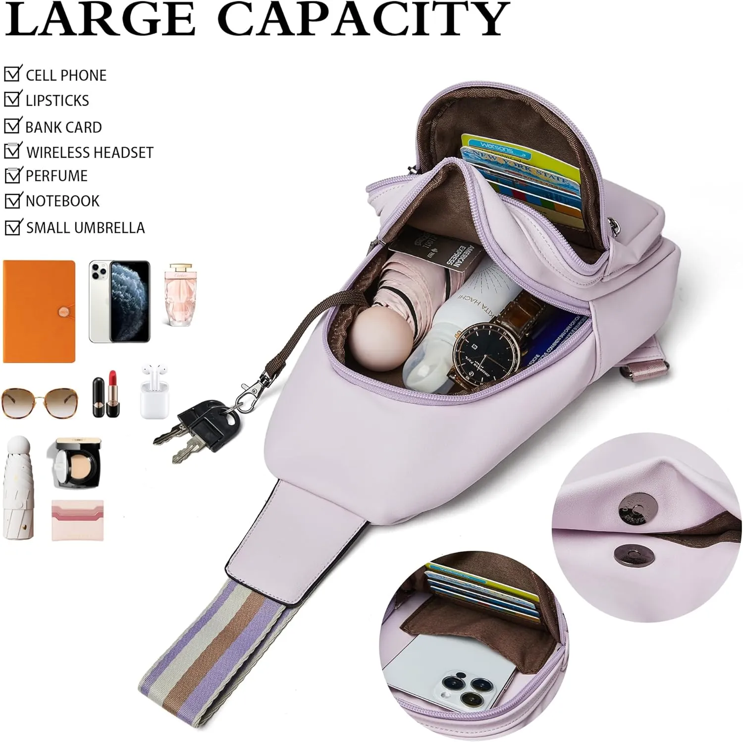Sling Bag Crossbody Bags for Women for Travel, 3.5 x 10.5 x 6"(L x H x W),Adjustable Straps 22.5 to 44 inch