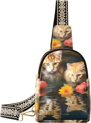 Sling Bag for Women Cat Reflection in Water Crossbody Bag Small Chest Bag Shoulder Bag Cell Phone Purse for Casual Travel Hiking Running Sports