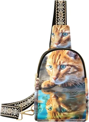 Sling Bag for Women Funny Cat Reflection Crossbody Bag Small Chest Bag Shoulder Bag Cell Phone Purse for Casual Travel Hiking Running Sports