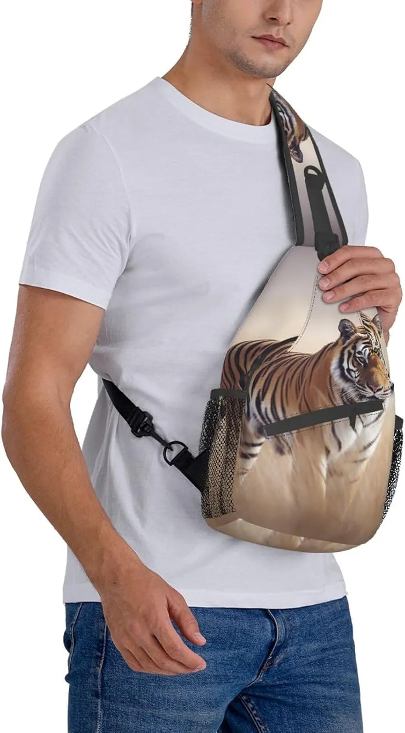 Sling Bag for Women Men Shoulder Bag Travel Paris Chest Bag Travel Fanny Pack Lightweight Casual Daypack, Tiger Walking in the Grassland, One Size