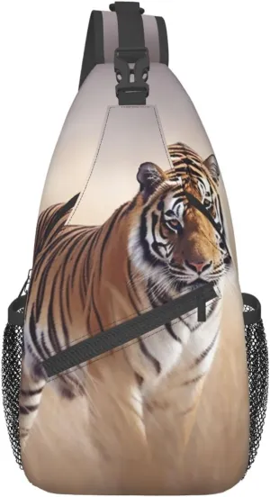 Sling Bag for Women Men Shoulder Bag Travel Paris Chest Bag Travel Fanny Pack Lightweight Casual Daypack, Tiger Walking in the Grassland, One Size