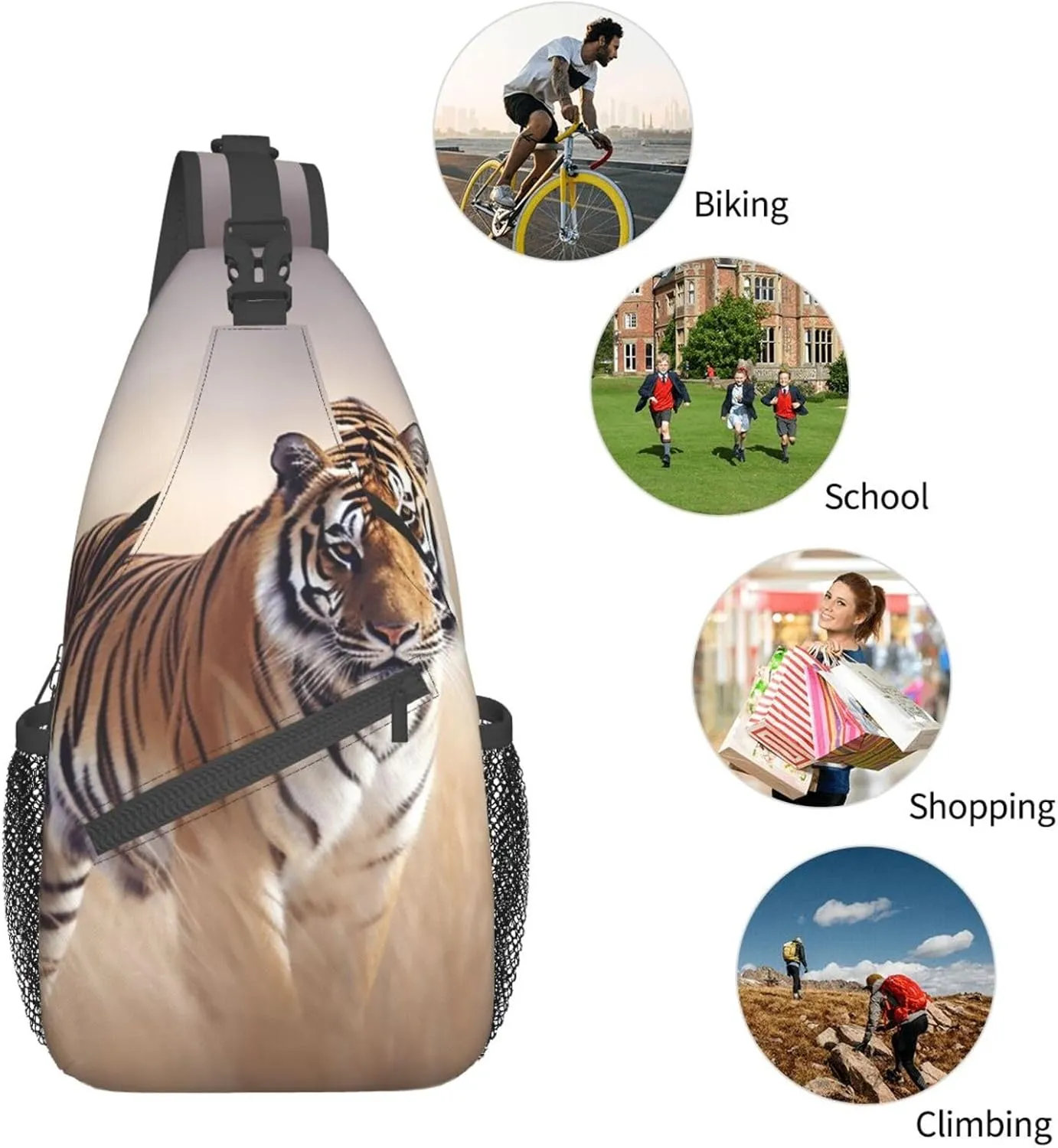 Sling Bag for Women Men Shoulder Bag Travel Paris Chest Bag Travel Fanny Pack Lightweight Casual Daypack, Tiger Walking in the Grassland, One Size