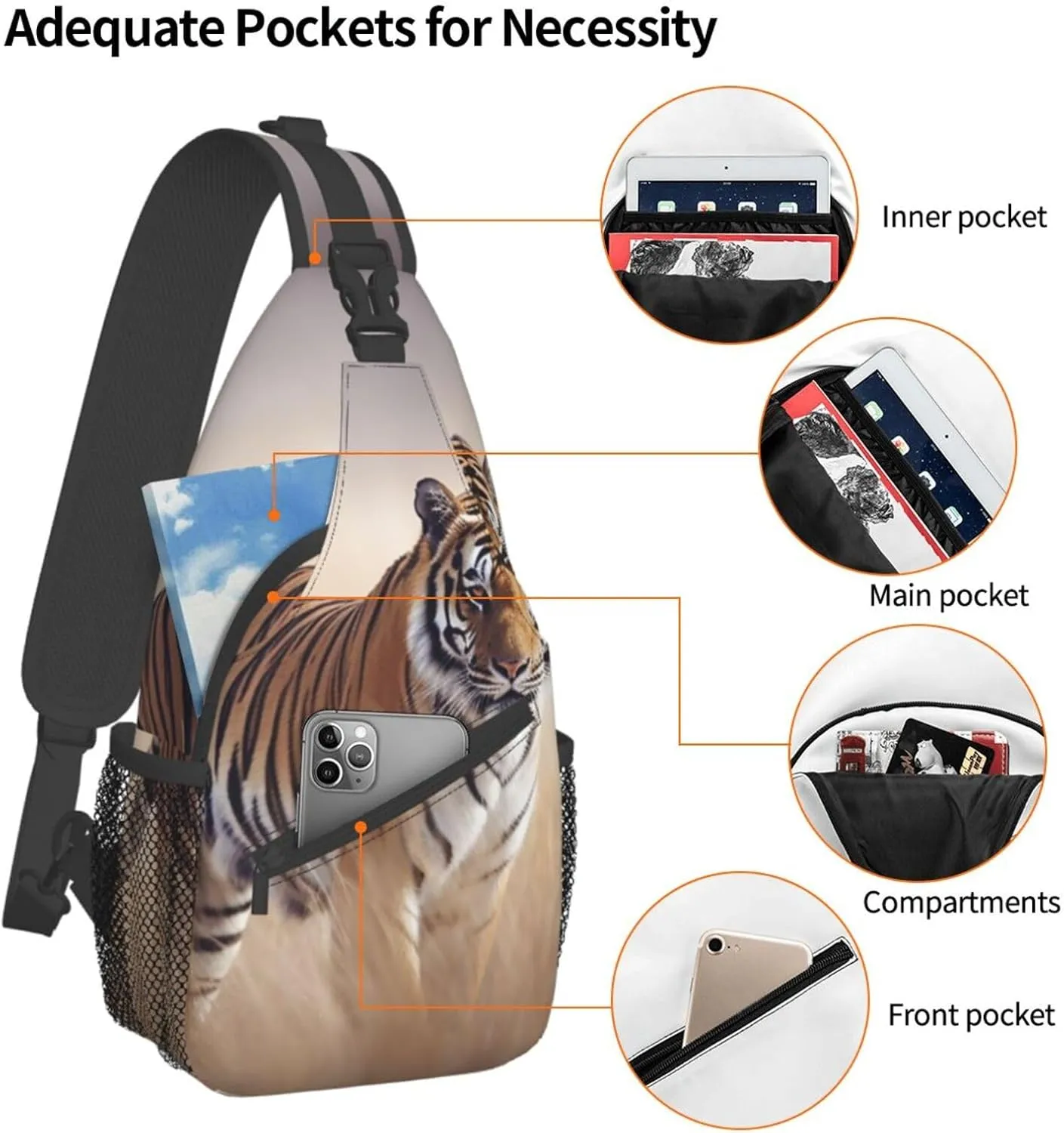 Sling Bag for Women Men Shoulder Bag Travel Paris Chest Bag Travel Fanny Pack Lightweight Casual Daypack, Tiger Walking in the Grassland, One Size