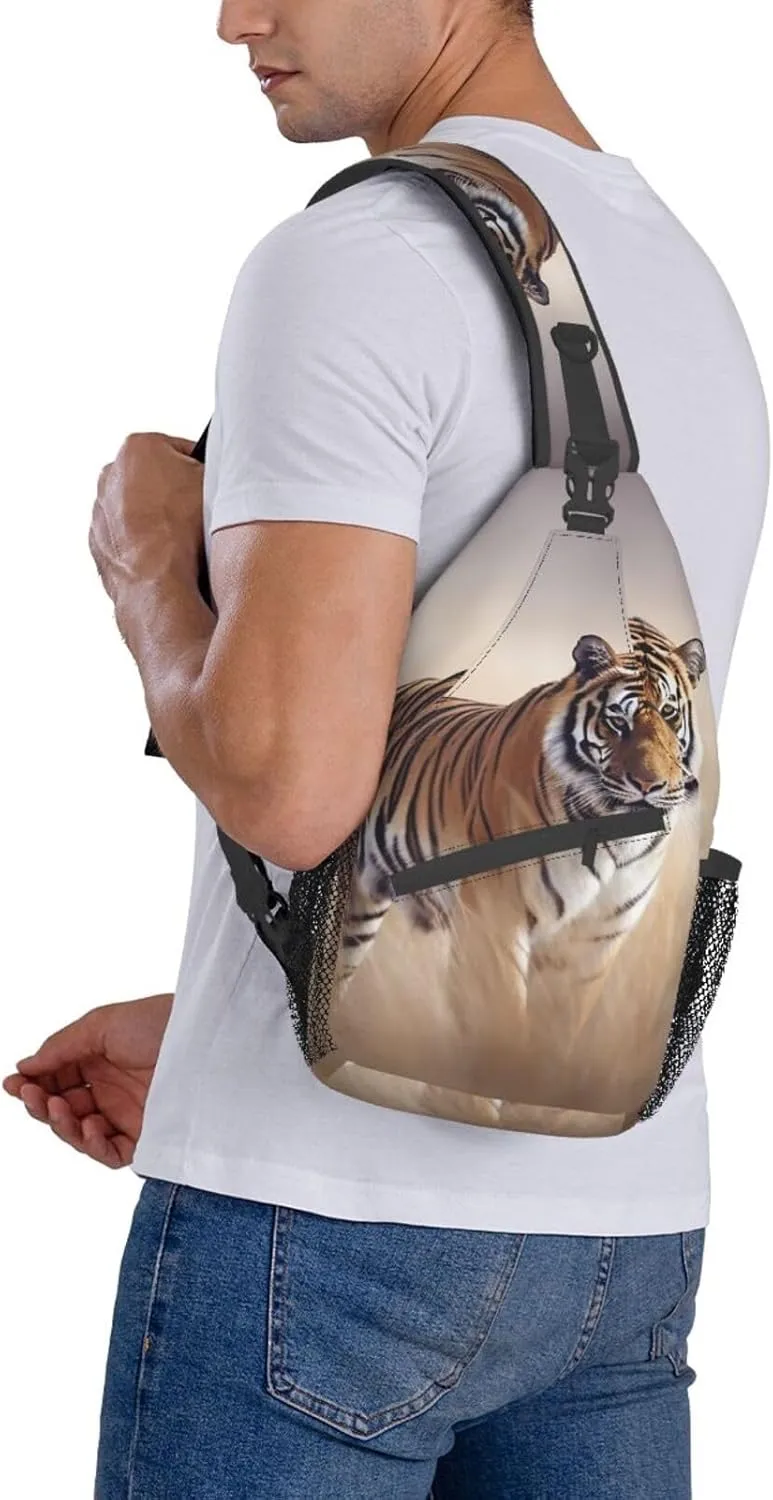 Sling Bag for Women Men Shoulder Bag Travel Paris Chest Bag Travel Fanny Pack Lightweight Casual Daypack, Tiger Walking in the Grassland, One Size